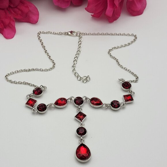 Silver-Tone Red Crystal Y-Drop Necklace 21 Inch Adjustable Lobster Clasp - Picture 1 of 6